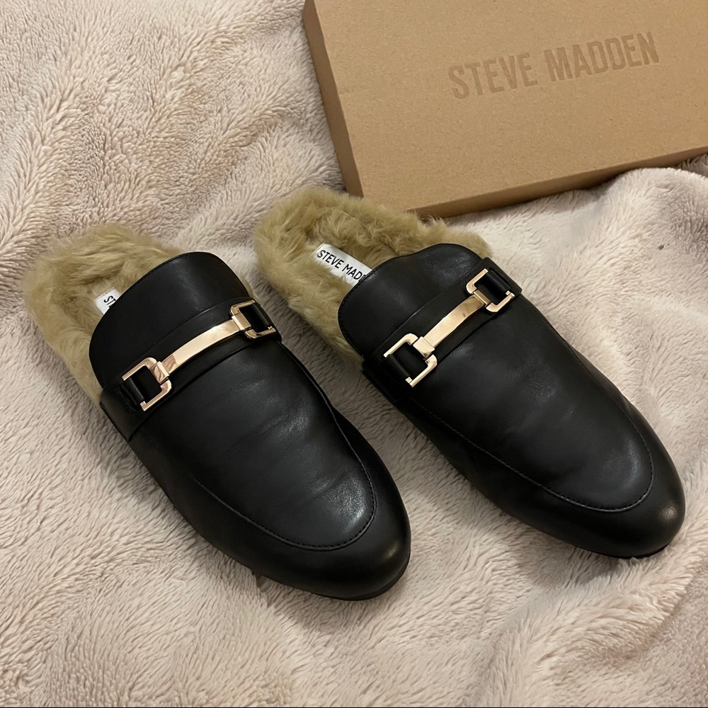 NIB Steve Madden Faux Fur Loafer Mules (Leather)